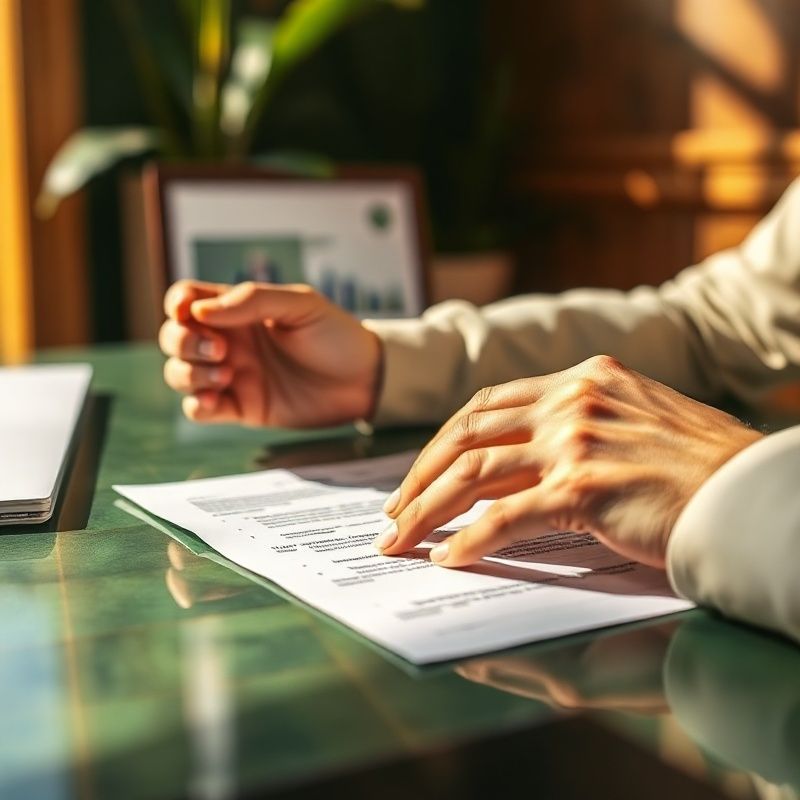 Manos revisando un documento financiero sobre un escritorio con detalles verdes