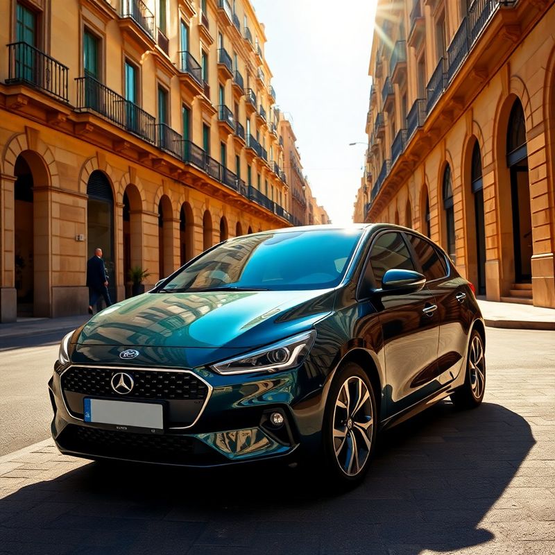 Coche moderno aparcado en una calle de Barcelona bajo la luz mediterránea